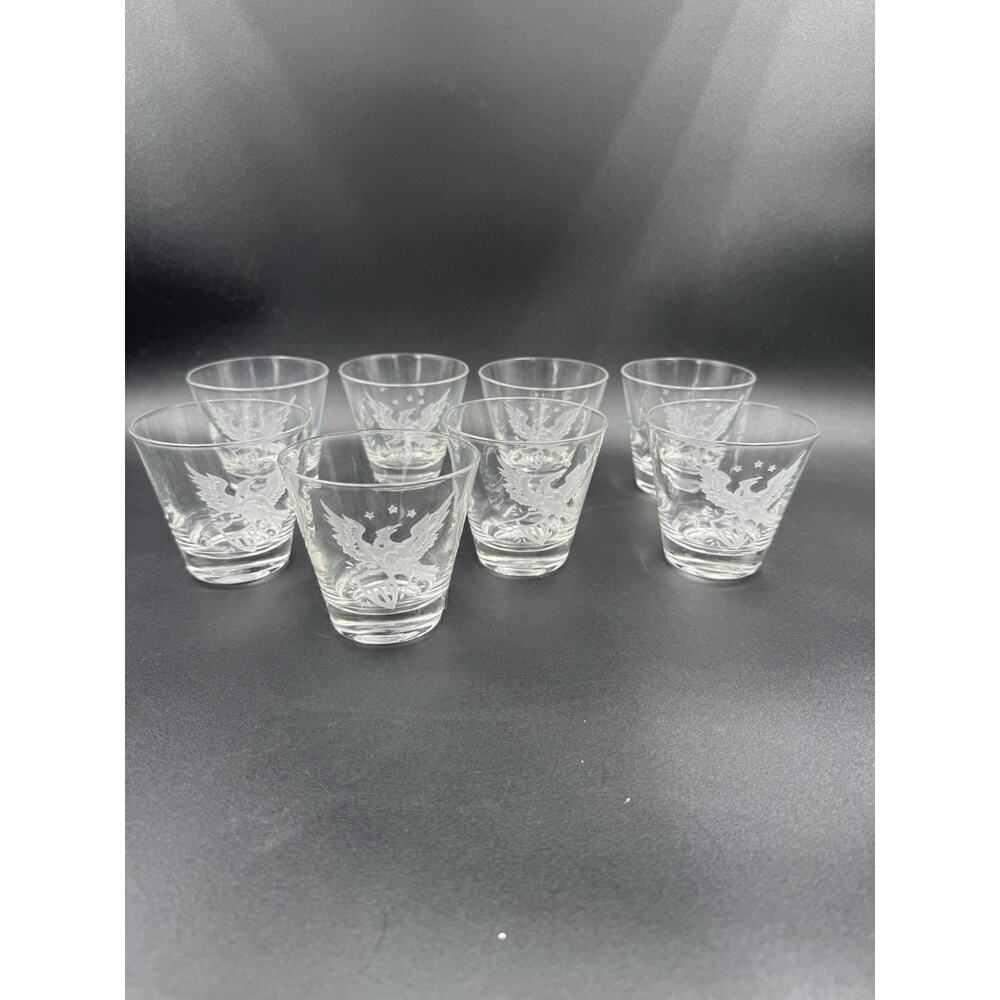 8 Vintage Etched Glass Eagle With Shield, Patriotic Whiskey, Barware 4” Tall